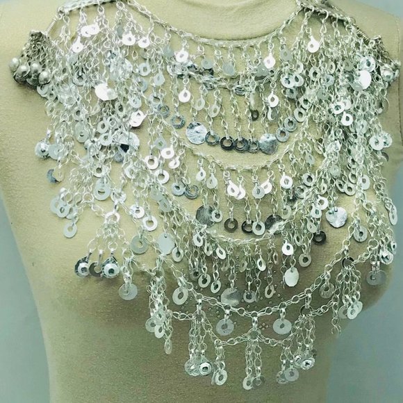 Multilayers Afghan Silver Necklace, Gypsy Silver Kuchi Bib Necklace - Picture 3 of 10